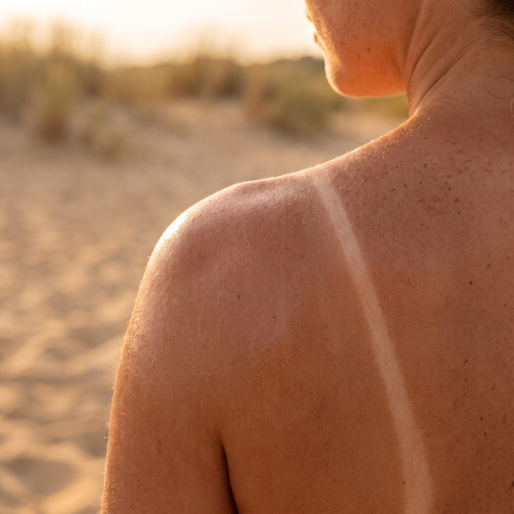 Shoulder with a white tan line from a regular swimsuit strap