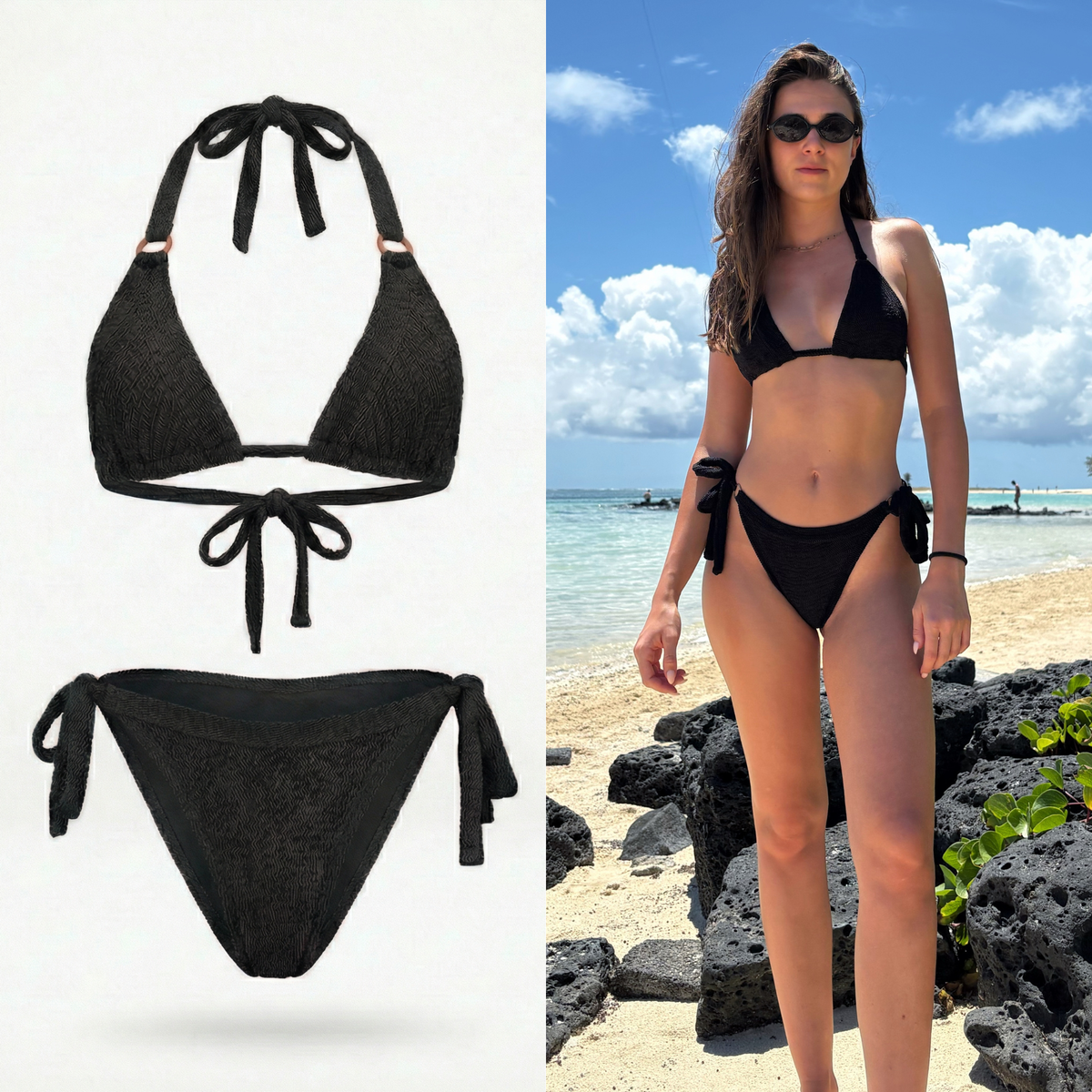 Black Flawless Stretch Crinkle Bondi + Sydney bikini set by BetterTan — product view