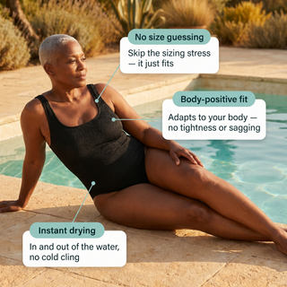 Black Flawless Crinkle one-piece benefits: no size guessing, body-positive fit, instant drying