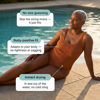 Caramel one-piece benefits: no size guessing, body-positive fit, instant drying