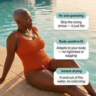 Tangerine one-piece benefits: no size guessing, body-positive fit, instant drying